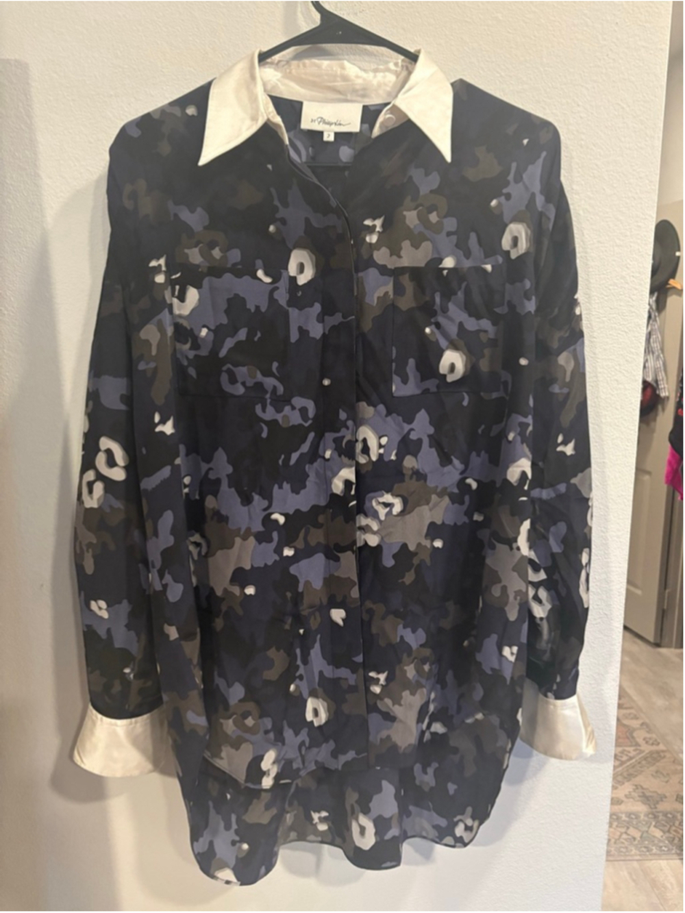 3.1 Phillip Lim 100% Silk Camouflage Blouse Contrast Collar Blue Camo 2